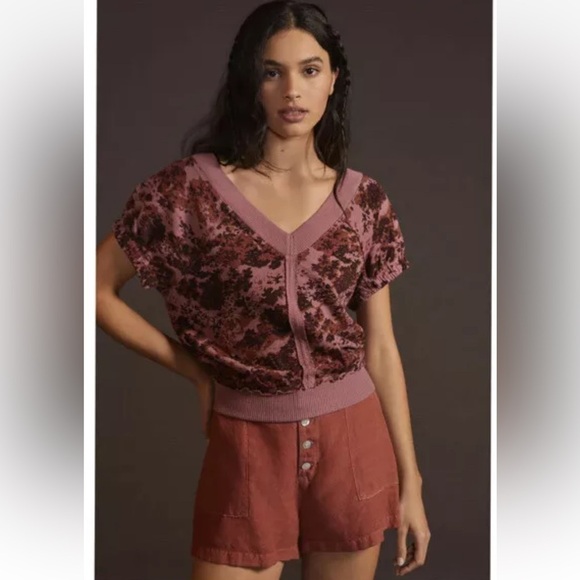 Pilcro Tops - PILCRO Muted Pink floral print double-V top size S